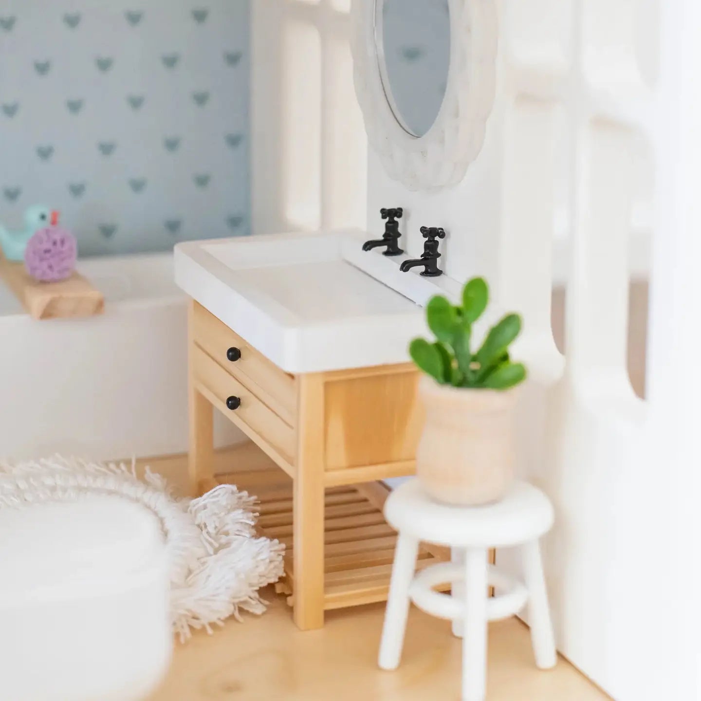 Dollhouse Double Faucet Bathroom Vanity | Wood & White