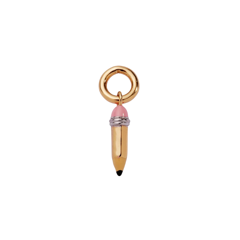 Gold and pink charm resembling a pen on a white background