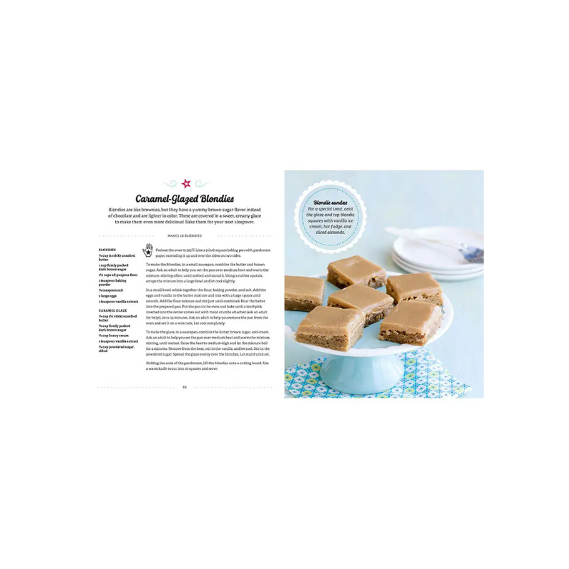 Page from a cookbook featuring caramel-glazed blondies on a plate with text on the left.