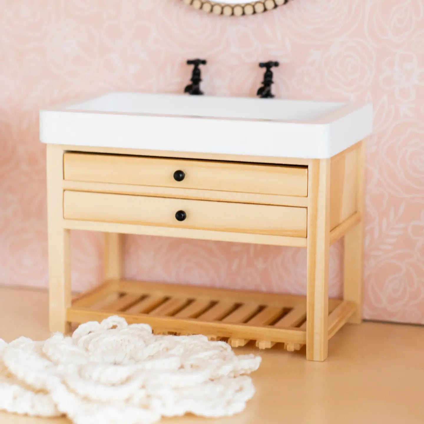 Dollhouse Double Faucet Bathroom Vanity | Wood & White