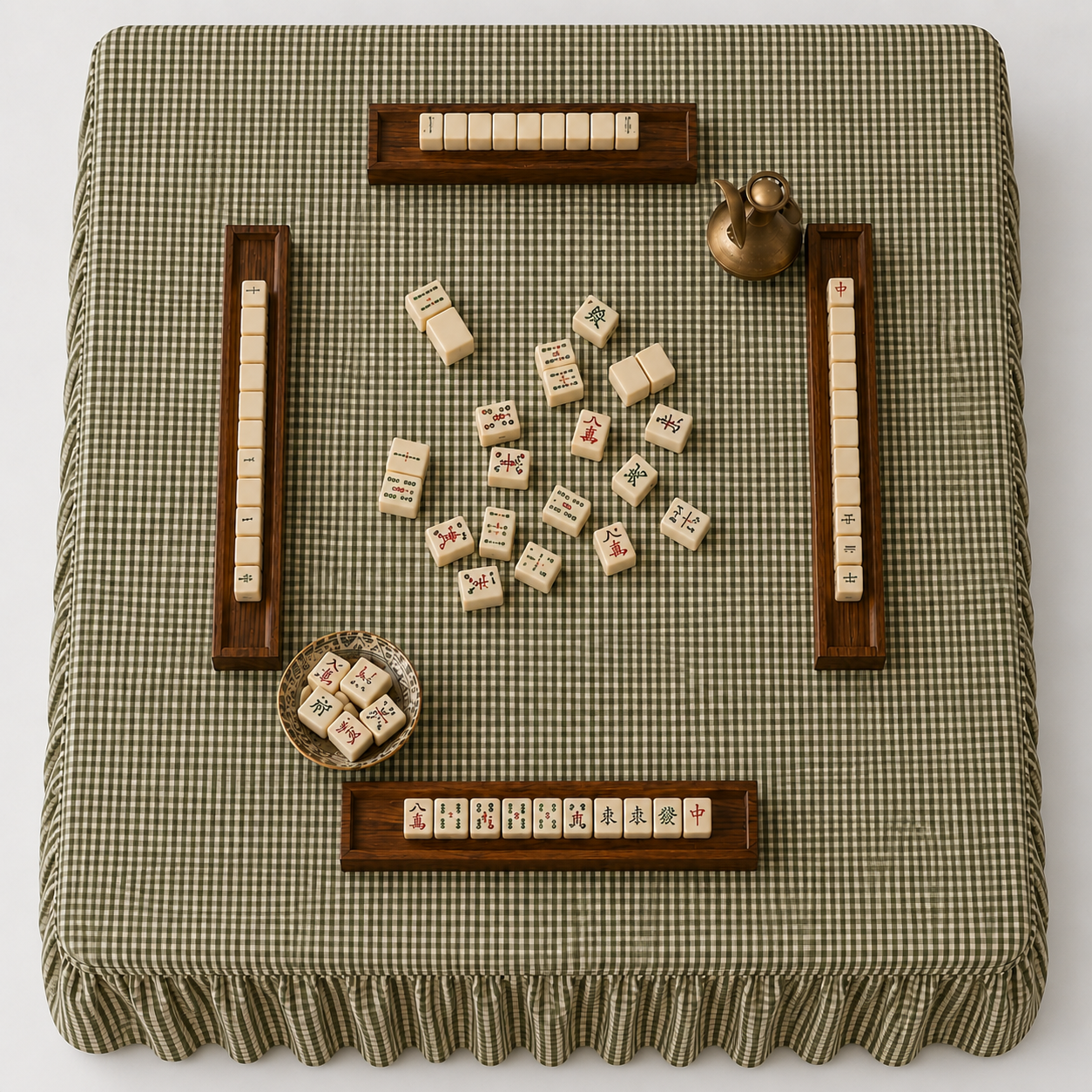 Skirted Linen Olive Mini Gingham Mahjong Tablecloth