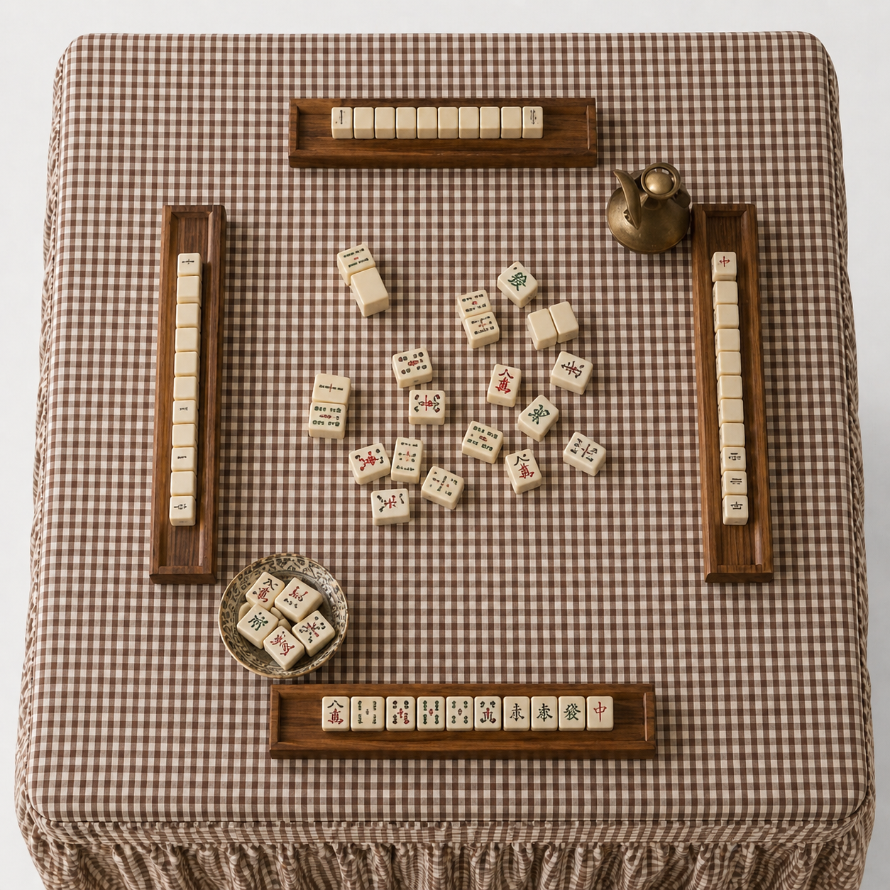 Skirted Linen Brown Mini Gingham Mahjong Tablecloth