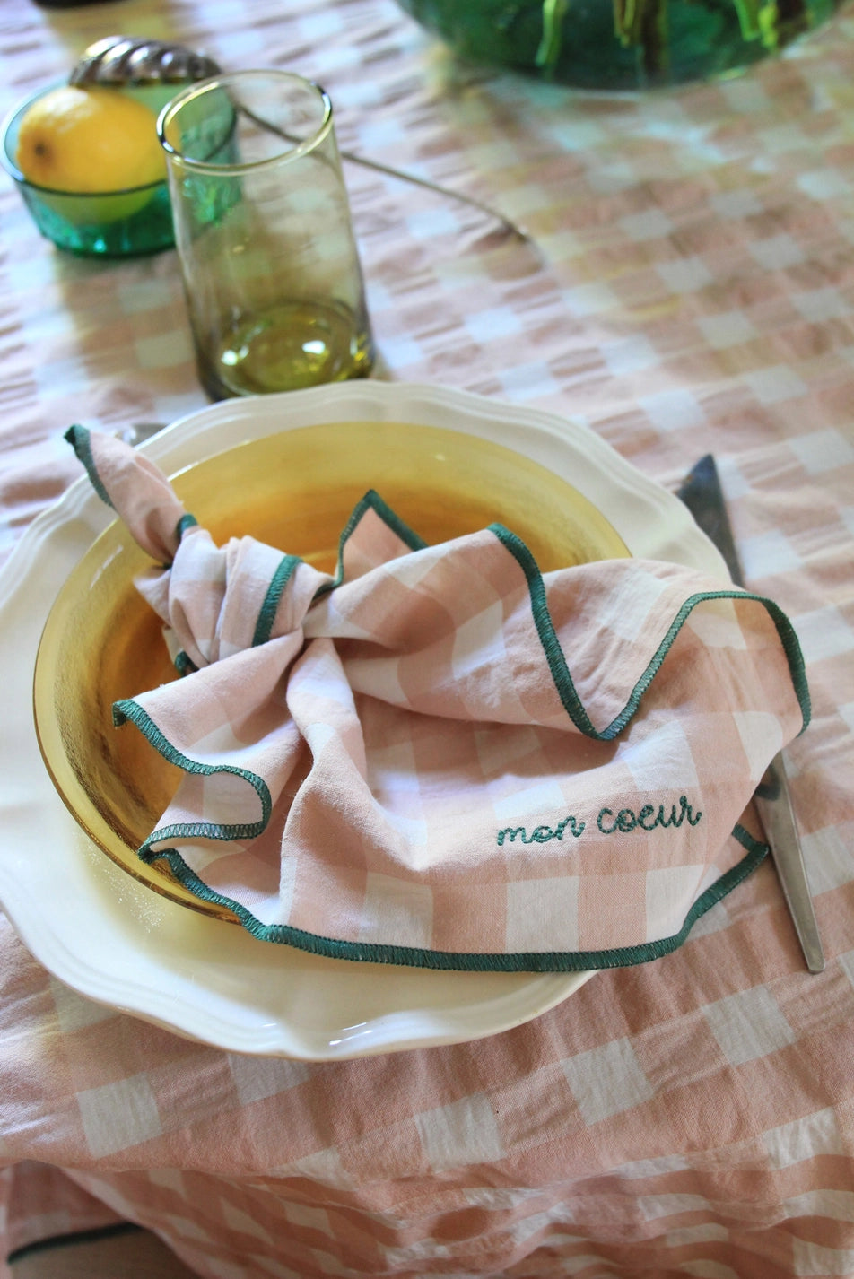 Plaid and Embroidery Napkins -Bon Appétit