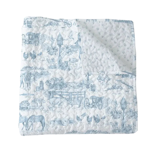 Baby Quilt with blue vintage-style toile pattern on a white background