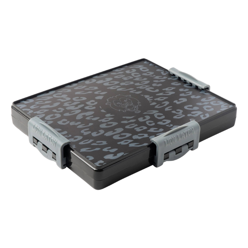 Black and gray jewelry case with a patterned cover on a white background