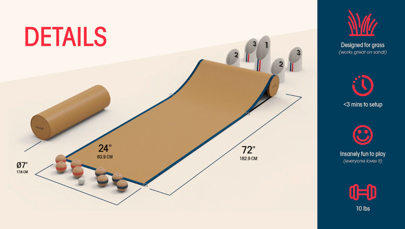 Roll-up mat with accessories on a white background, featuring details and specifications.
