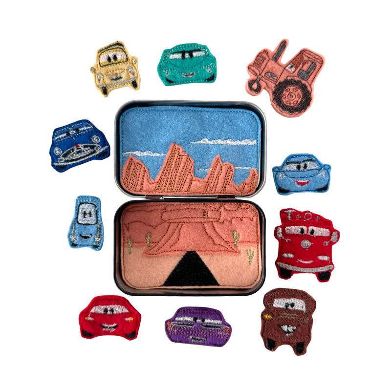 Collection of colorful car-shaped patches on a white background