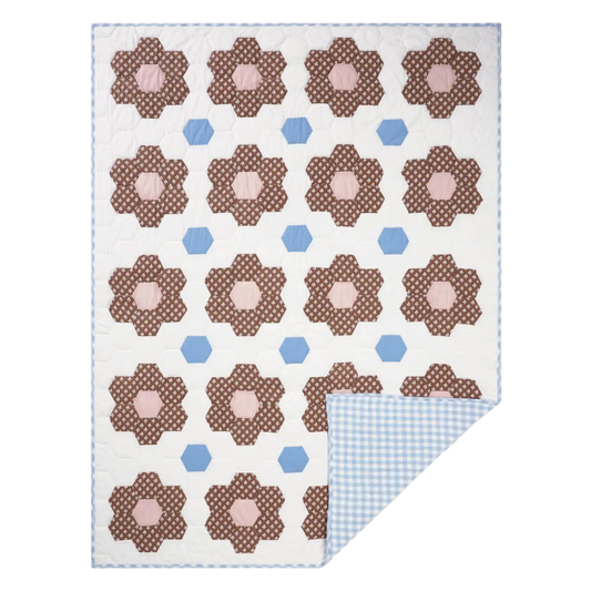 Floral patterned blanket with brown flowers and pink centers on a white background
