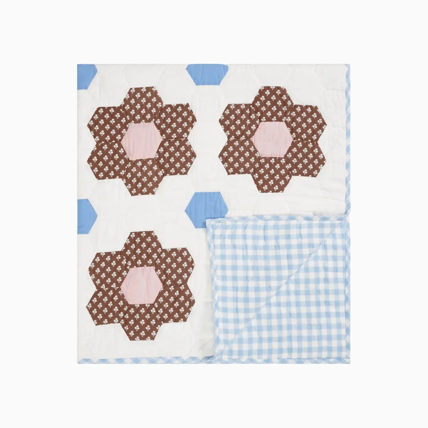 Quilt with brown flower patterns and blue checkered fabric on a white background