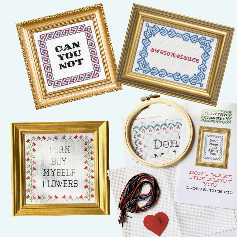 Cross stitch kits with framed text and embroidery hoop on a white background
