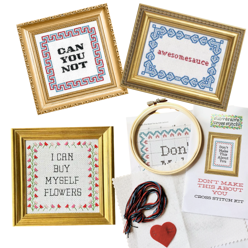Cross stitch kits with framed designs and embroidery hoop on a white background