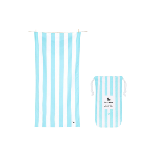 Blue and white striped towel and pouch on a white background