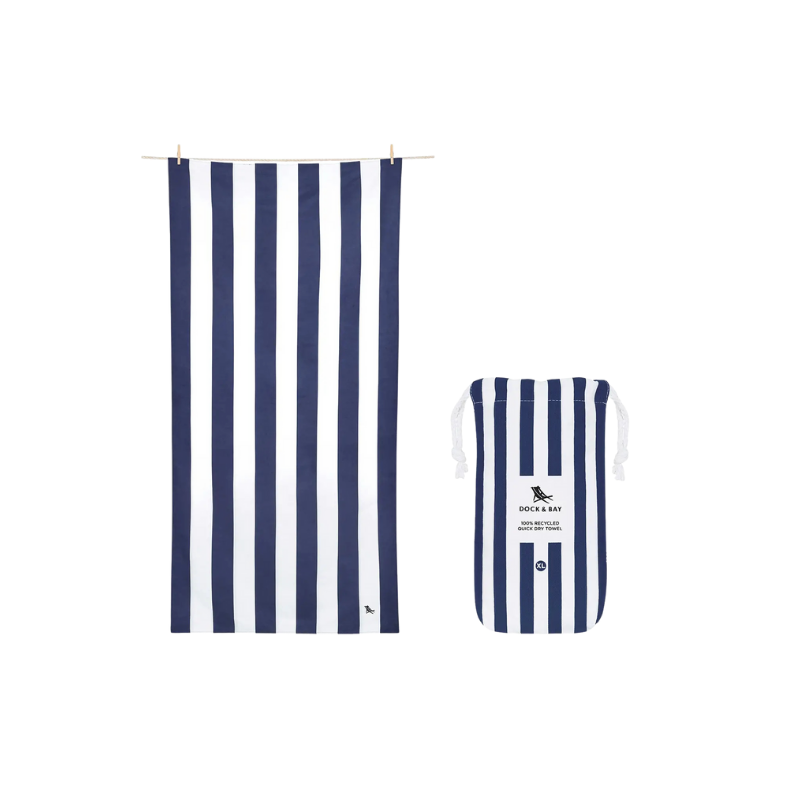 Navy and white striped towel and pouch on a white background
