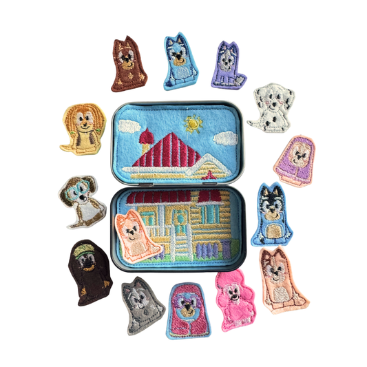 Collection of embroidered patches featuring cartoon characters on a white background
