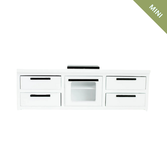 White storage unit with glass panel and drawers on a white background