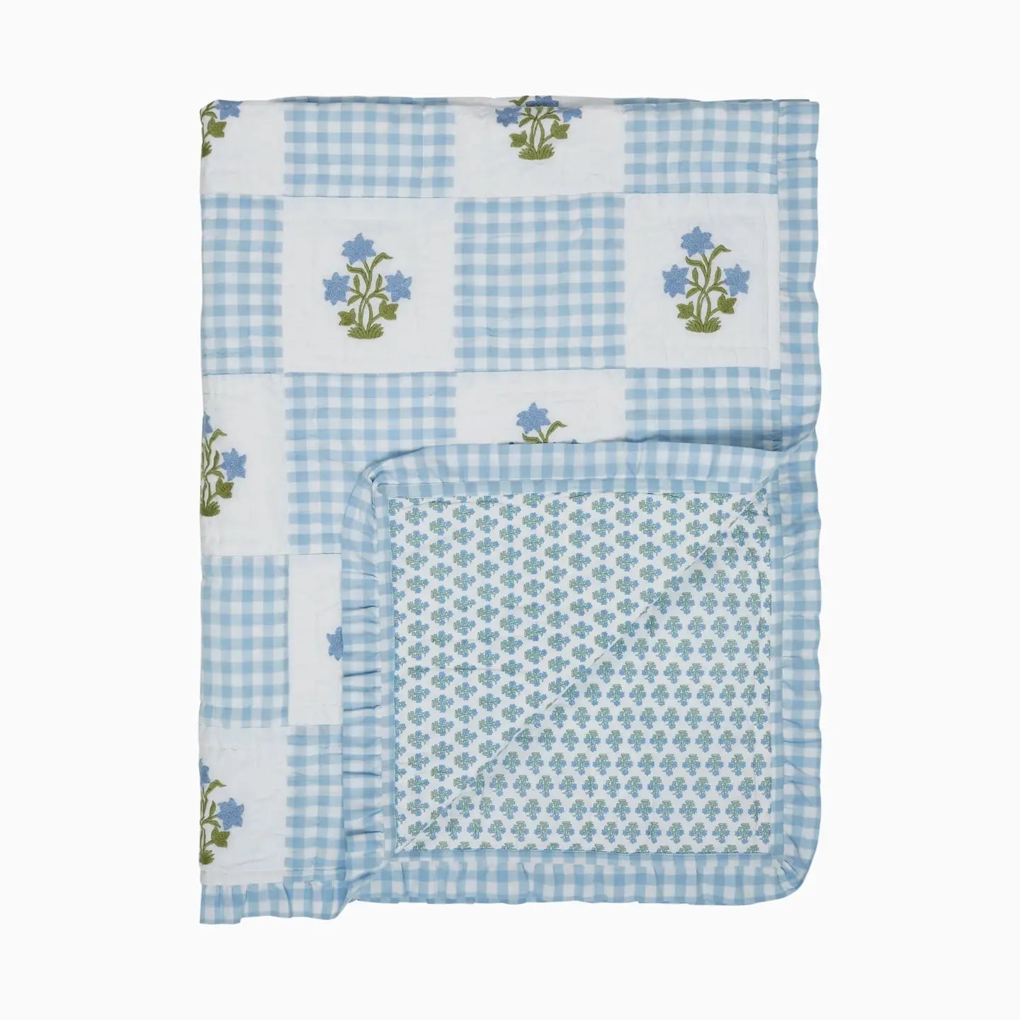 Baby blanket with blue checkered pattern and floral embroidery on a white background