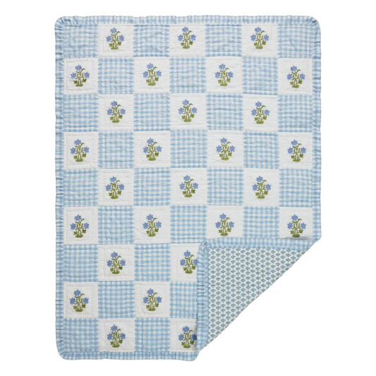 Blue and white checkered blanket with floral patterns on a white background