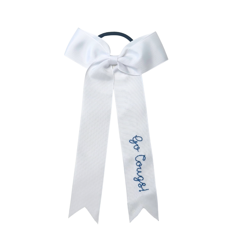 White hair bow with blue text on a white background