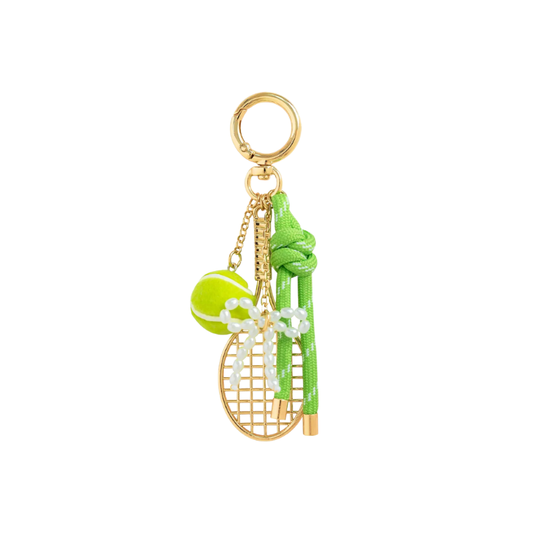 Keychain with tennis racket, ball, and tassel on a white background