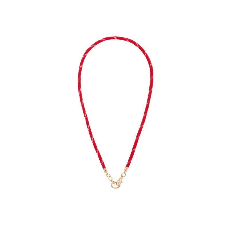Red necklace with a gold clasp on a white background
