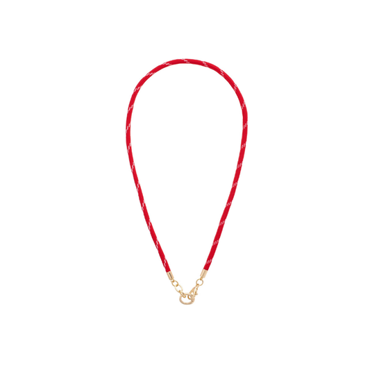 Red necklace with a gold clasp on a white background