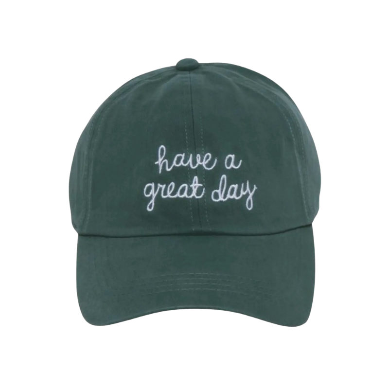 Green cap with 'have a great day' text on a white background