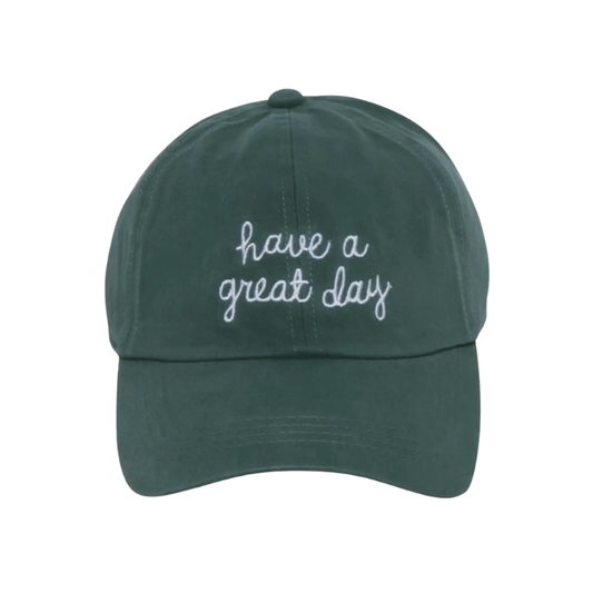 Green cap with 'have a great day' text on a white background