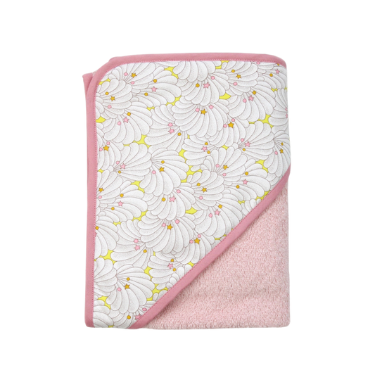 Hooded baby towel with white floral pattern and pink border (liberty of london fabric) on a white background