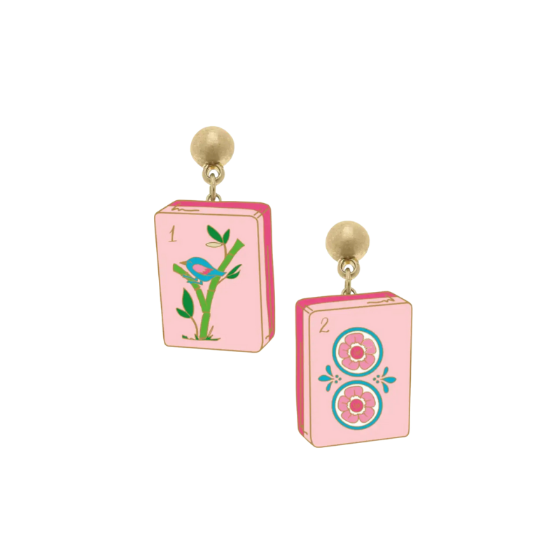 Pair of pink card-themed earrings with floral and bird designs on a white background