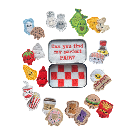 Collection of food-themed patches with a matching box labeled 'Can you find my perfect PAIR?' on a white background.