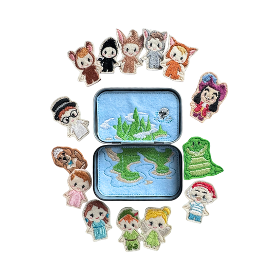 Set of embroidered characters and scenes on a white background