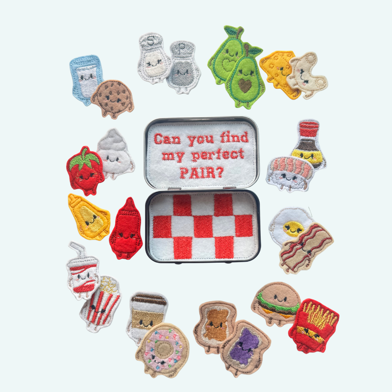Collection of colorful food-themed patches around a small open tin with text on a white background.