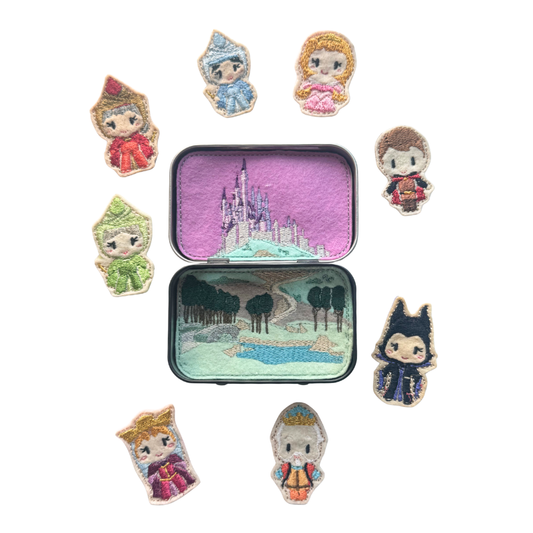 Set of character-themed pins with a small tin featuring a castle design on a white background.