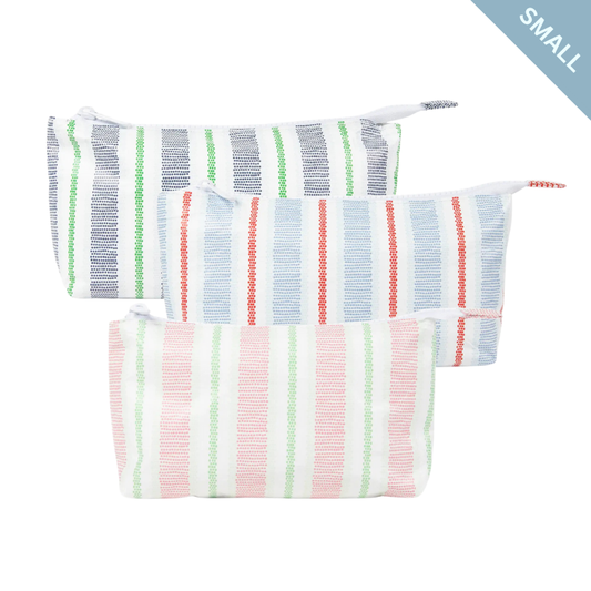Set of three striped pouches in different colors on a white background