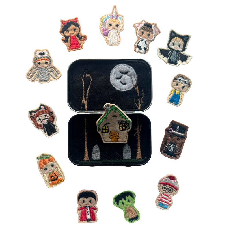 Collection of colorful embroidered patches featuring various characters and a house design on a white background.