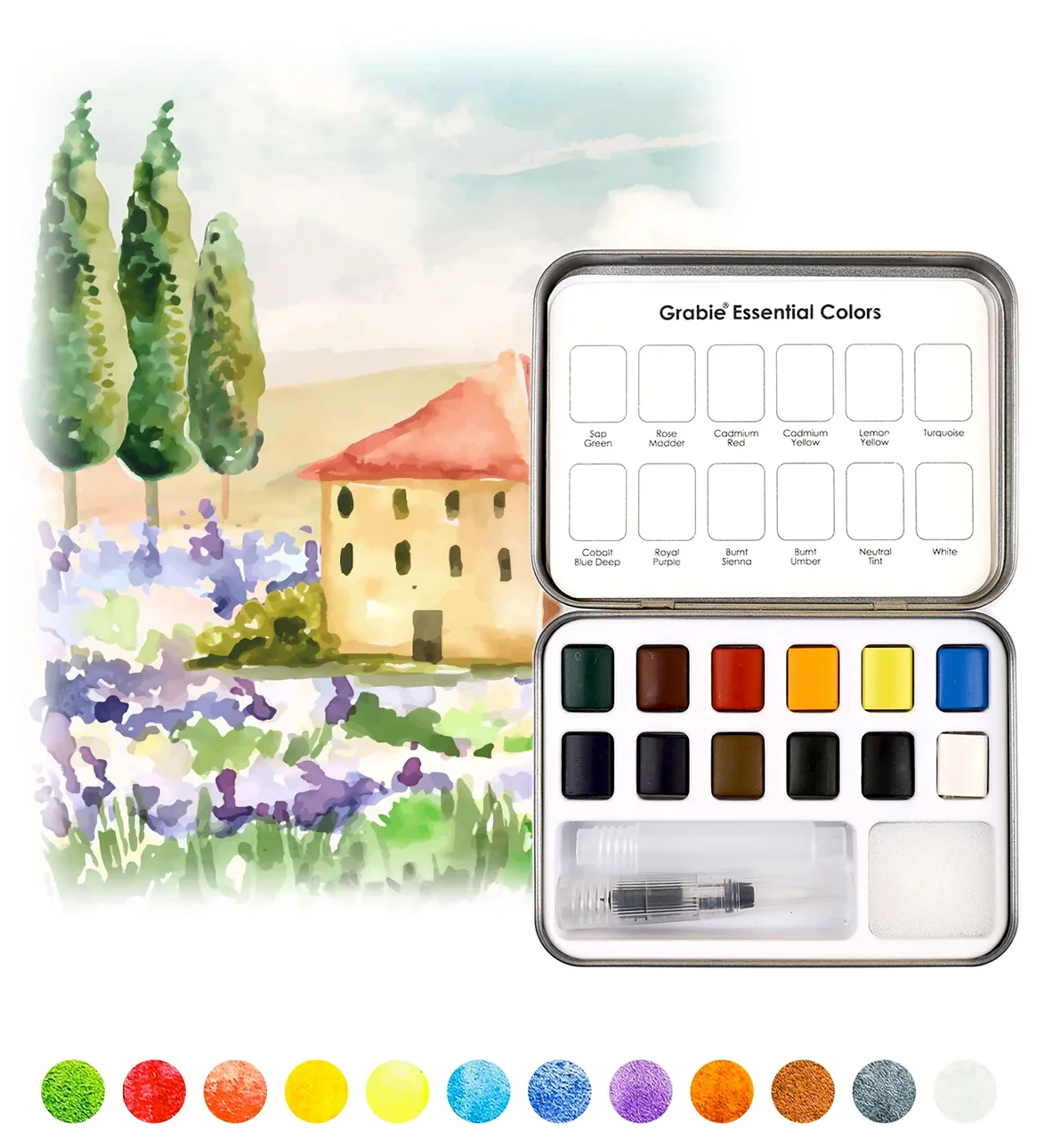Watercolor paint set with a scenic painting of a house and trees on the cover