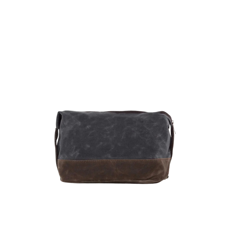 Dark gray and brown leather bag on a white background