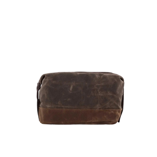 Brown leather toiletry bag on a white background