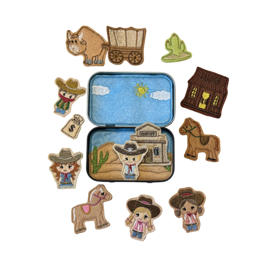 Collection of western-themed embroidered patches on a white background