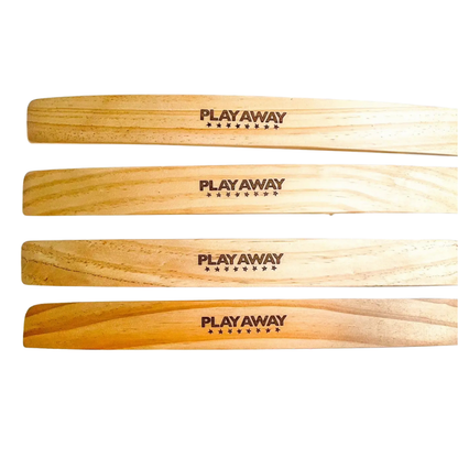 Four wooden drumsticks with 'Playaway' branding on a white background