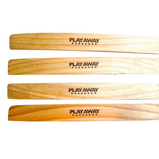 Four wooden drumsticks with 'Playaway' branding on a white background