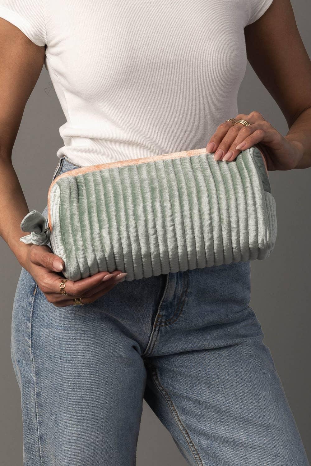 Lt. Green & Orange Velvet Ribbed Travel Pouch