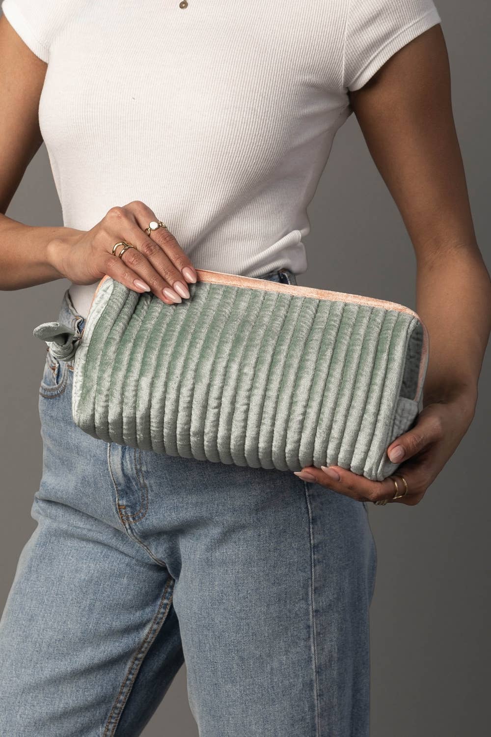 Lt. Green & Orange Velvet Ribbed Travel Pouch