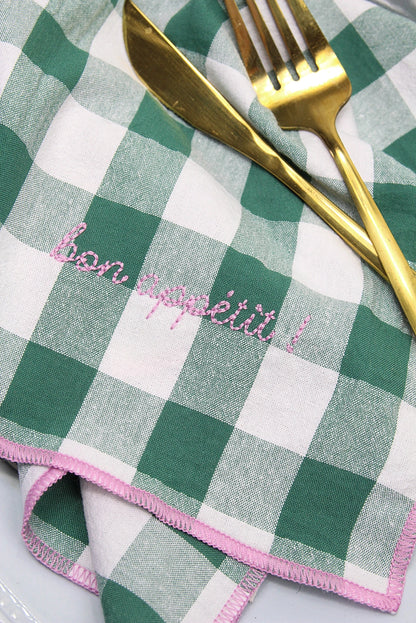 Plaid and Embroidery Napkins -Bon Appétit