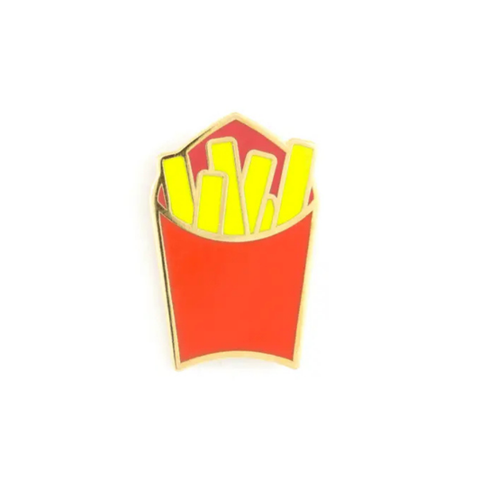 Pin with a design of French fries in a red box on a white background